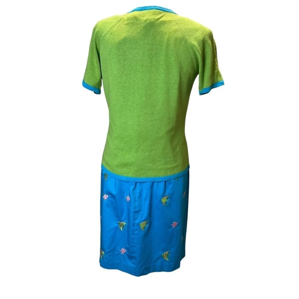 Vintage Tropical Dress Cardigan‎ Set Women 8 Embroidered Fish Cruise Resort Wear